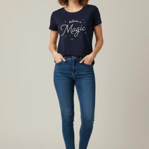 تيشيرت نسائي كحلي مطبوع بعبارة "Believe in Magic"